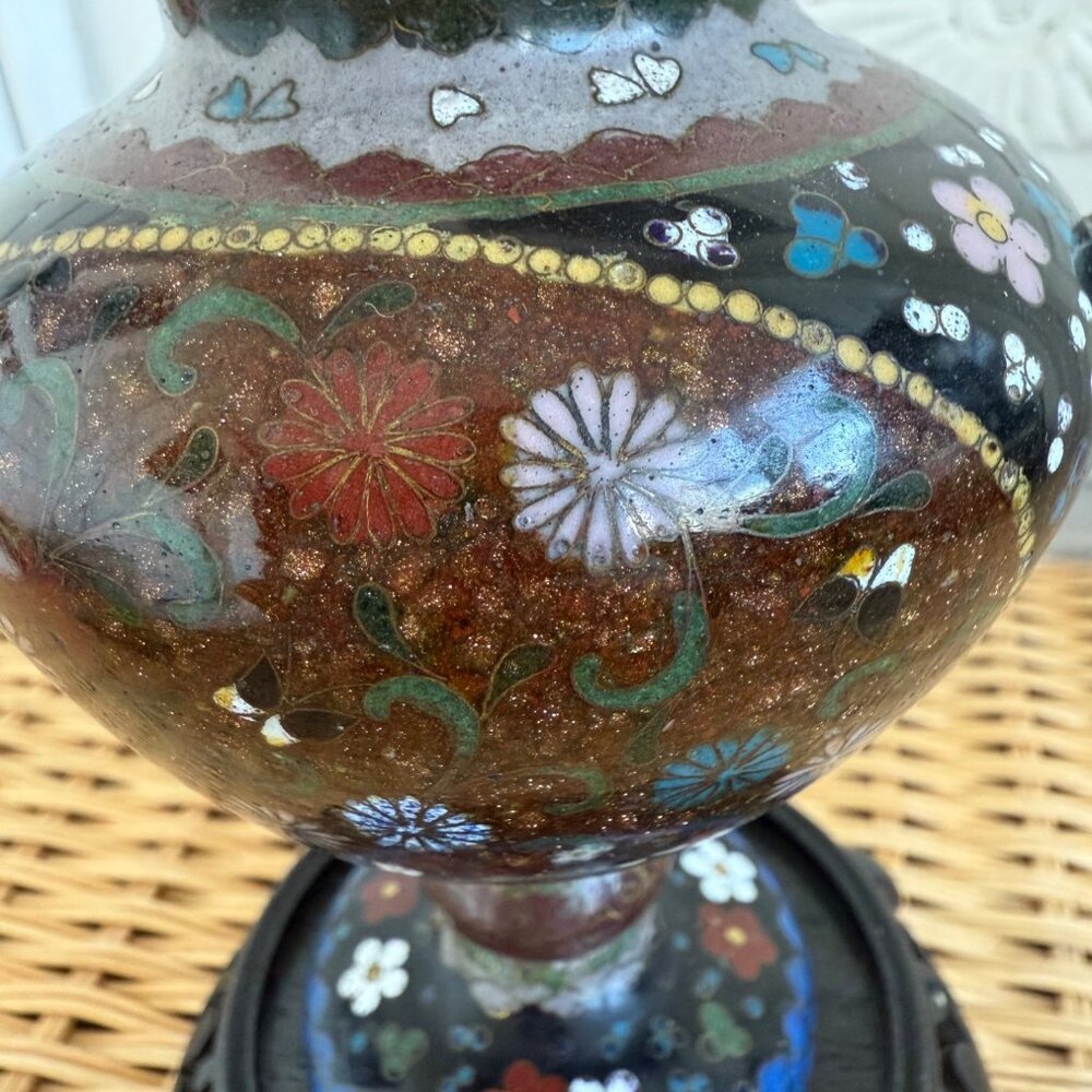 Antique Meiji 1910s Japanese Goldstone Cloisonne' Urn/ Stand Butterfly flower 7" - Picture 11 of 16